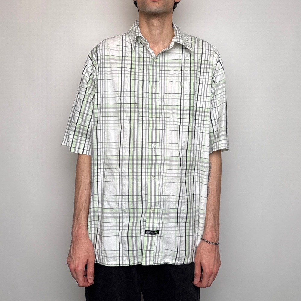 Southpole Mens XL Short Sleeve Button Down Shirt Plaid Lime Green Y2K Baggy